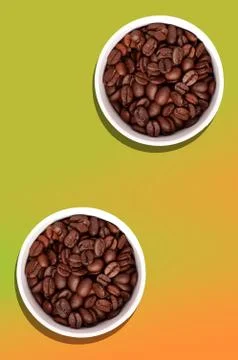 Two cups with coffee grains, flatlay, orange and lime background. Stock Photos
