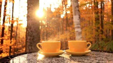 Two cups of coffee on a table with a beautiful sunset. Filmed in Canada Vidéo 124937214