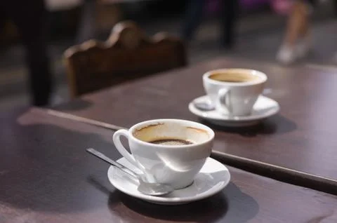 Two cups of coffee on table outside Foto stock