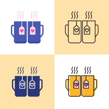 Two cups with hearts icon set in flat and line styles Stock Illustration