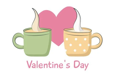 Two cups of hot coffee. Postcard for Valentine Day. Dating of a loving couple Illustrazione stock
