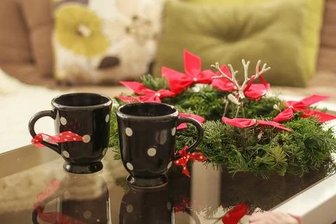 Two cups with a hot tea. concept of family winter holidays. 2 cups of coffee Foto stock