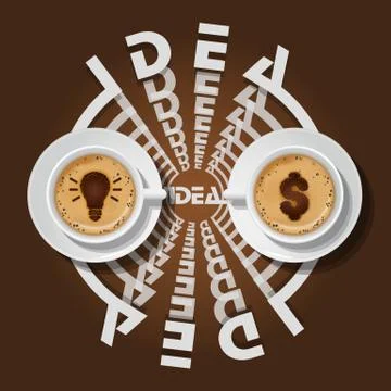 Two cups of light bulb and dollar sign in cappuccino Stock Illustration