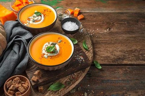 Two cups of pumpkin soup with basil and cream on a wooden background. Stock Photos