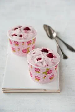Two cups of raspberry icecream Stock Photos