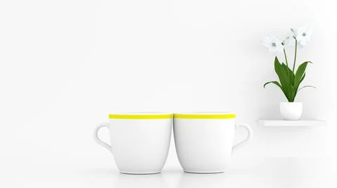 Two cups side by side, a plant on the shelf and a white background with free Stock Illustration