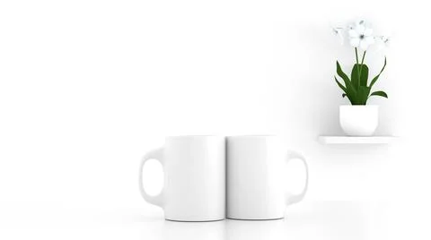 Two cups side by side, a plant on the shelf and a white background with free Stock Illustration