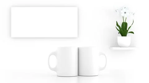Two cups side by side, a plant on the shelf and a white background with free Illustrazione stock