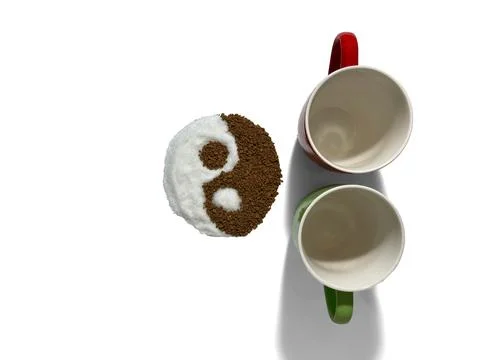 Two cups stand on a white background. Nearby is a yin yang sign Stock Photos
