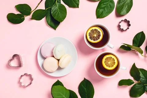 Two cups of tea with marshmallow and roses. Stock Photos