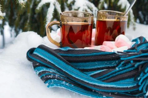 Two cups of tea with marshmallows under the tree in winter in the snow Stock Photos