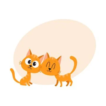 Two cute and funny, curious, cuddling red cat, kitten characters Stock Illustration