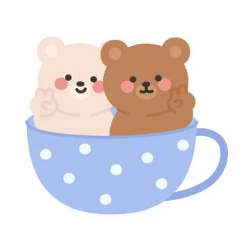 Two Cute Bears in a Victory Pose, Sitting Together in a Large Polka-Dot Cup Stock Illustration