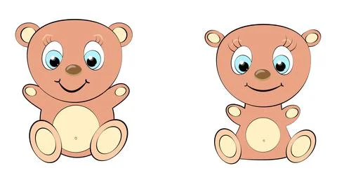 Two cute, beautiful, brown bear girl and boy with big head and blue eyes on w Ilustración de archivo
