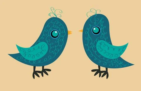 Two cute blue birds with a pattern on the body, a yellow beak and a blue eye, Illustrazione stock