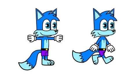 Two cute blue cartoon fox characters one angry one happy side view friends Stock Illustration