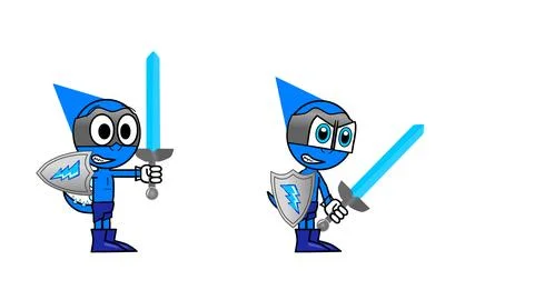 Two cute blue cartoon robots lightsabers fighting pose heroic sci-fi Stock Illustration