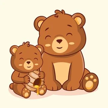 Two cute brown bears, a parent and a cub, sitting together with a honeycomb Illustrazione stock