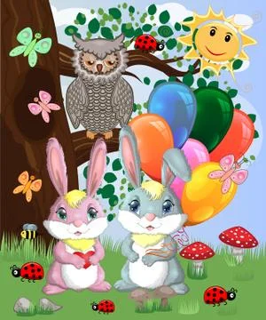 Two cute bunny with balls in a forest glade. Boy and girl, concept spring, lo Stock-Illustration