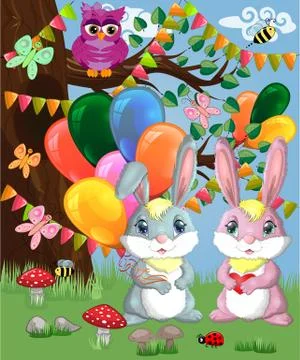 Two cute bunny with balls in a forest glade. Boy and girl, concept spring, lo Illustration