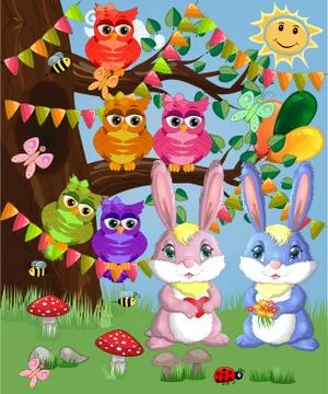 Two cute bunny in a forest glade. Boy and girl, concept spring, love, postcar Stock Illustration