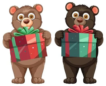 Two Cute Cartoon Bears Holding Wrapped Christmas Gift Boxes Stock Illustration