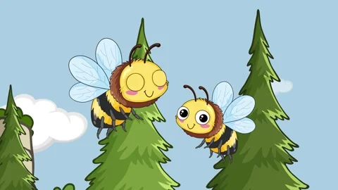 Two Cute Cartoon Bees Flying and Talking in a Sunny Forest Glade Stock Footage 331912007
