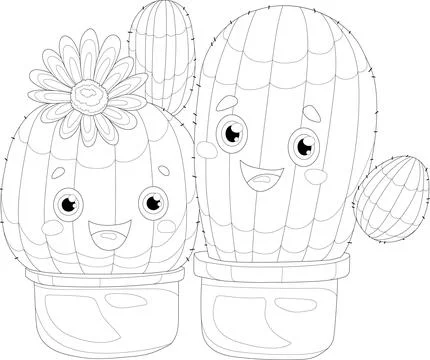 Two cute cartoon cactus in pot with little flower sketch template. Stock Illustration