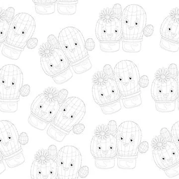 Two cute cartoon cactus in pot with little flower seamless pattern sketch. Stock Illustration