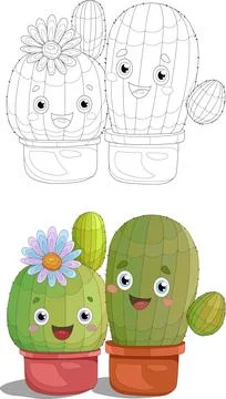 Two cute cartoon cactus in pot with little flower sketch template set Stock Illustration
