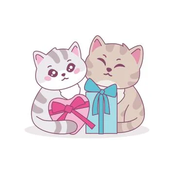 Two cute cartoon cat with gift box vector graphic illustration Stock Illustration