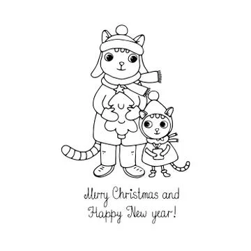 Two cute cartoon cat, tree and a gift. Stock Illustration