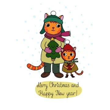Two cute cartoon cat, tree and a gift. Stock Illustration