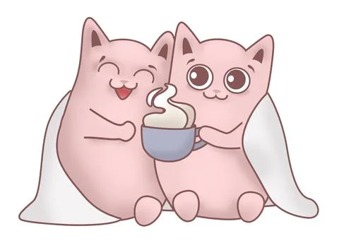 Two cute cartoon cats cuddle and drink tea Illustrazione stock