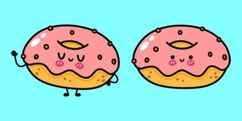 Two cute cartoon donuts with pink frosting on a light blue background, both.. Stock Illustration