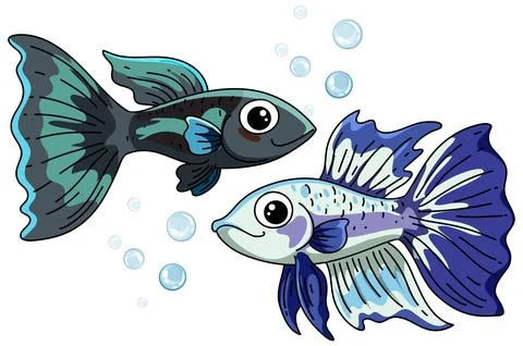 Two Cute Cartoon Guppy Fish Swimming with Bubbles on White Background Stock Illustration