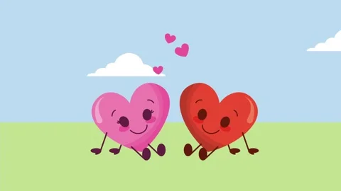Two cute cartoon hearts sitting on grass field with clouds and floating hea.. Stock-Footage 339047248