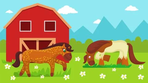 Two cute cartoon horses walking outdoor and eating grass on farm pasture meadow Stock Illustration