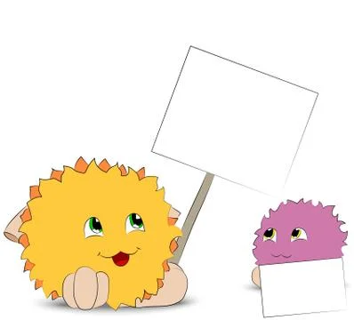 Two cute cartoon monster looking at posters of white background 스톡 일러스트