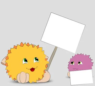 Two cute cartoon monster looking at posters gray background Stock Illustration