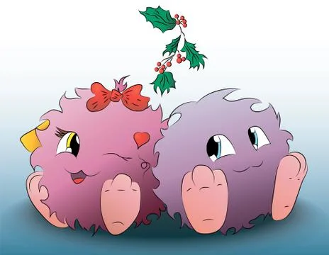 Two cute cartoon monster under the Christmas mistletoe Stock Illustration