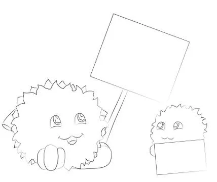 Two cute cartoon monsters looking at poster for coloring book Stock Illustration