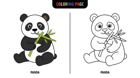 Two cute cartoon panda bears, one colored and one outline, eating bamboo. Iso Stockillustratie