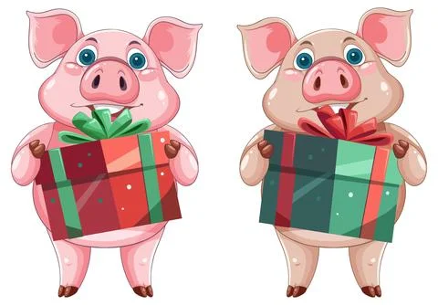 Two Cute Cartoon Pigs Holding Wrapped Christmas Gift Boxes Stock Illustration