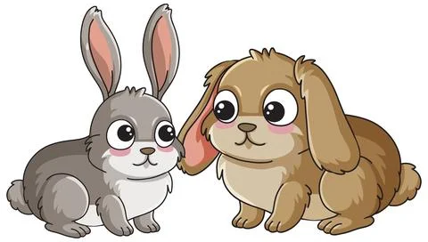 Two Cute Cartoon Rabbits Sitting Together on White Background 스톡 일러스트