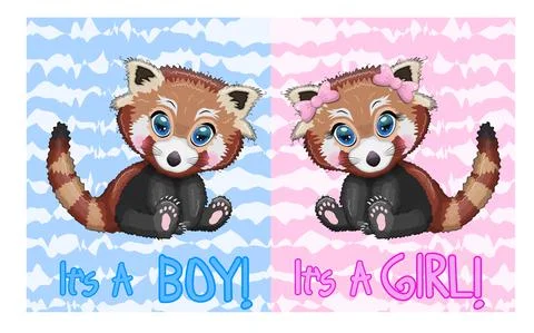 Two Cute cartoon red pands with beautiful eyes among flowers, hearts, a boy a Stock Illustration