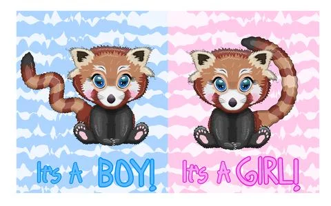 Two Cute cartoon red pands with beautiful eyes among flowers, hearts, a boy a Stock Illustration