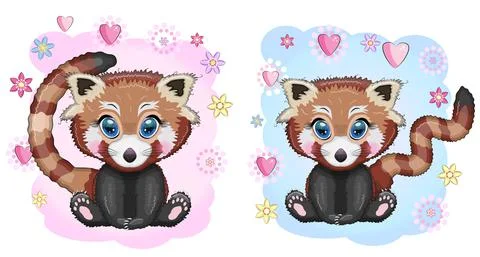 Two Cute cartoon red pands with beautiful eyes among flowers, hearts, a boy a Stock Illustration