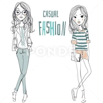Two cute cartoon sketched fashion little girls Stock Illustration