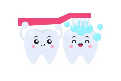 Two cute cartoon tooth characters with pink toothbrush and soap bubbles on .. Stock Illustration